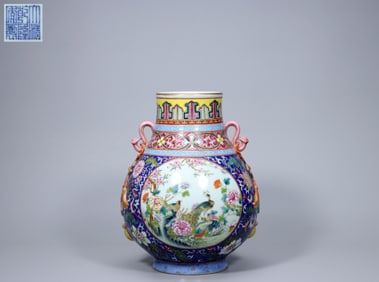 MADE IN THE QIANLONG PERIOD OF THE QING DYNASTY BLUE GROUND FAMILLE ROSE WINDOW FLOWER AND BIRD RUYI