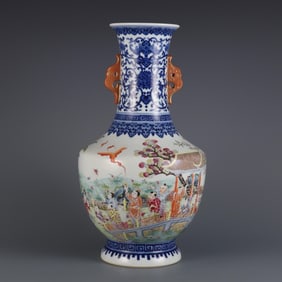 QING QIANLONG YEAR BLUE AND WHITE PLUS FAMILLE ROSE BABY PLAY LOTUS POND PICTURE VASE