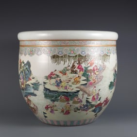 QING QIANLONG YEAR FAMILLE ROSE FISHERMAN'S FAMILY MUSIC PICTURE VAT