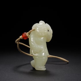 QING DYNASTY WHITE JADE BOY OFFERING BLESSING PENDANT
