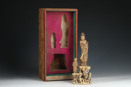 QING SHOUSHAN SHIRATA BOY WORSHIP GUANYIN STATUES SET BY SHANGJUN, WEIGHT 613G
