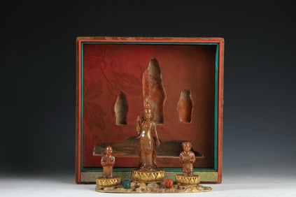 QING SHOU SHAN TIAN GOLDEN BOY GIRL GUANYIN STATUES SET BY MASTER SHANG JUN, TOTAL WEIGHT OF 540G