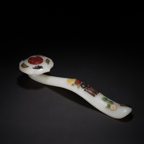 QING DYNASTY WHITE JADE INLAID WITH GEMS HOLDING LONGEVITY AND RUYI