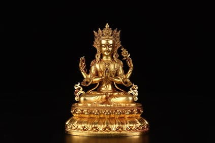 MING GILT BRONZE FOUR-ARMED TARA SEATED STATUE, WEIGHS 197 GRAMS
