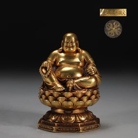 MING YONGLE GILT BRONZE MAITREYA BUDDHA SEATED STATUE, WEIGHS 1000 GRAMS