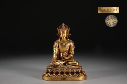 MING YONGLE GILT BRONZE PHARMACIST LIGHT RULAI SITTING STATUE, WEIGHS 2.05 KG
