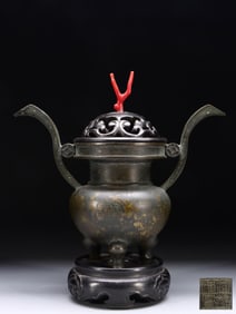 QING DYNASTY. FAMILY COLLECTION TREASURE MARK FINE CAST COPPER BODY CROWN EAR INCENSE BURNER