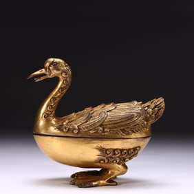 QING DYNASTY. GILDED COPPER BIONIC DUCK INCENSE BURNER