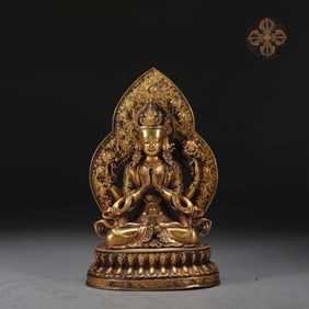 MING GILT BRONZE FOUR-ARMED GUANYIN, WEIGHT 1.35 KG