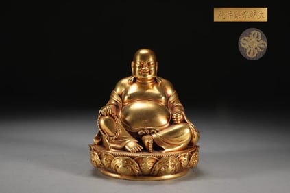 MING YONGLE GILT BRONZE MAITREYA BUDDHA SEATED STATUE, WEIGHS 2.75 KG