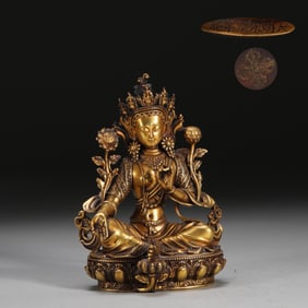 MING YONGLE GILT BRONZE GREEN TARA SEATED STATUE, WEIGHS 1.45 KG