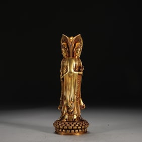 MING YONGLE GILT BRONZE THREE-SIDED GUANYIN STATUE, WEIGHS 900 GRAMS