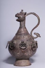 QING BRONZE INLAID SILVER ANIMAL HEAD POT