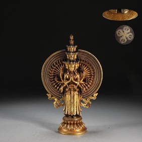MING GILT BRONZE A THOUSAND OF HANDS GUANYIN STATUE, WEIGHS 1150 GRAMS