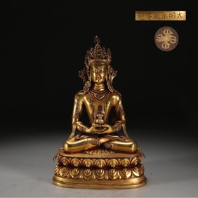 MING YONGLE GILT BRONZE AMITAYUS BUDDHA SEATED STATUE, WEIGHS 5.35 KG