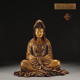 MING YONGLE GILT BRONZE FREE GUANYIN SEATED STATUE, WEIGHS 7.2 KG