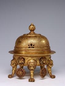 GILDED BRONZE FIVE-LEGGED INCENSE BURNER FROM QING DYNASTY