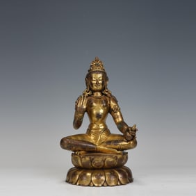 QING DYNASTY COPPER GILT FREE GUANYIN SITTING STATUE