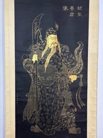 DING GUANPENG, GUAN SHENGDI GUAN GONG GOLD PAINTING SCROLL
