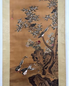 JIANG TINGXI, BIRDS FLOWERS SILK SCROLL