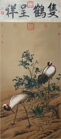LANG SHINING'S "DOUBLE CRANES", A FINE SILK HANGING SCROLL