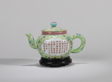 A GREEN-GROUND FLORAL TEAPOT