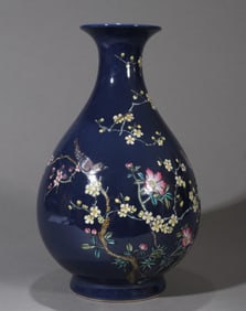 A BLUE-GROUND FAMILLE-ROSE FLORAL VASE