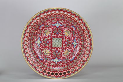 A LARGE RUBY-GROUND FAMILLE-ROSE FLORAL DISH