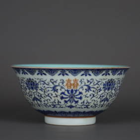QING QIANLONG MARK BLUE COLOR ENTWINED BRANCH LOTUS GOLD HAPPINESS CHARACTER PATTERN BOWL (1 of 9)