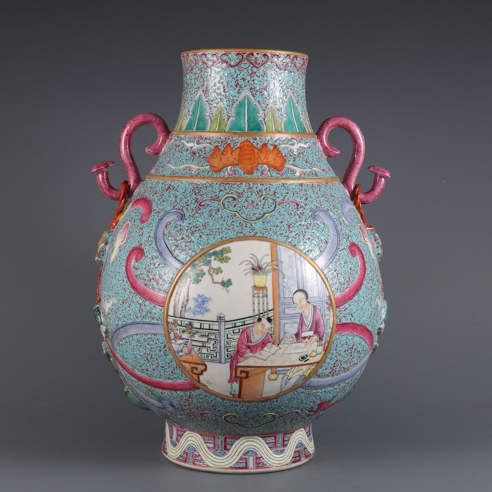 QING QIANLONG MARK LU JUN GLAZE GROUND FAMILLE ROSE SANNIANG GUIDING SON FIGURE RUYI EAR VASE: 清乾隆年款炉钧釉加粉彩开光三娘教子图如意耳尊 Qing Qianlong mark Lu J
