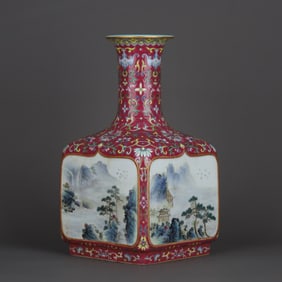QING QIANLONG YEAR CARMINE GROUND FAMILLE ROSE OPEN MEDALLIONS LANDSCAPE PATTERN ROUND BOTTLE