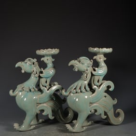 OLD SONG RU KILN AZURE GLAZED PHOENIX SCULPTURES PAIR