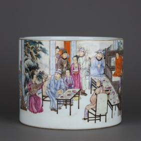 QING QIANLONG MARK FAMILLE ROSE HAN XIZAI NIGHT BANQUET PICTURE PEN HOLDER