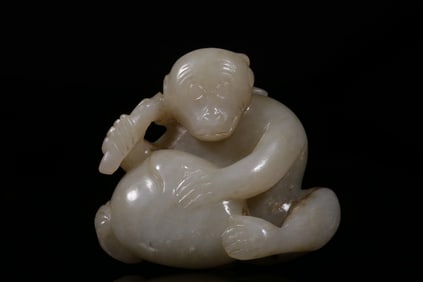 HETIAN JADE SEED MATERIAL BELT WITH MONKEY OFFERING LONGEVITY