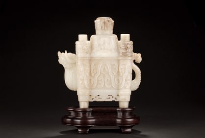 JADE CARVED 'MYTHICAL BEAST' CENSER WITH STAND