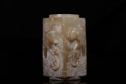 HETIAN JADE GRAY SKIN WITH HEAVEN AND EARTH JADE CONG