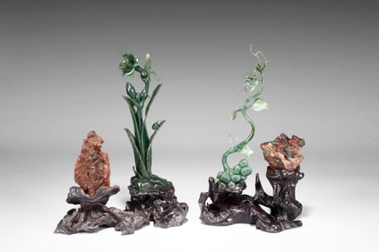 NEPHRITE JADE CARVED 'FLOWERS AND INSECTS' PLANTER ORNAMENT