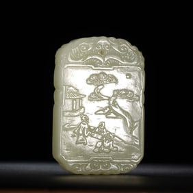 QING DYNASTY WHITE JADE PINE UNDER THE HERMIT SQUARE PLAQUE