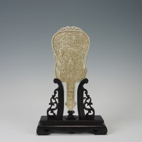 QING DYNASTY WHITE JADE CHARACTER STORY FAN-SHAPED SCREEN