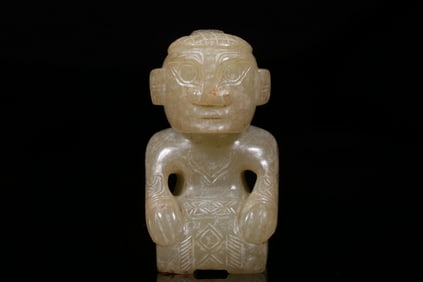 HETIAN JADE GRAY SKIN WITH KNEELING SITTING FIGURINE