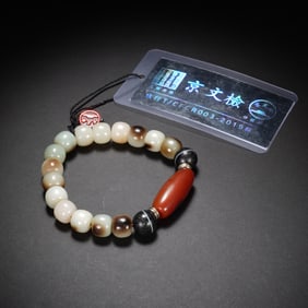 QING DYNASTY WHITE JADE SUGAR COLOR WITH AGATE BRACELET