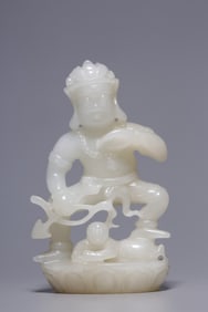 OLD COLLECTION OF HETIAN WHITE JADE VAJRA STATUE