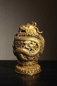 QING DYNASTY COPPER GILT BROCADE HOLLOW-CARVED DRAGON INCENSE BURNER