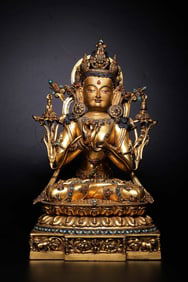 QING DYNASTY DANSATI TEMPLE STYLE COPPER GILT INLAID TREASURE VAJRA GENERAL STATUE