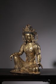QING DYNASTY. GILT COPPER WATER MOON GUANYIN SEATED STATUE