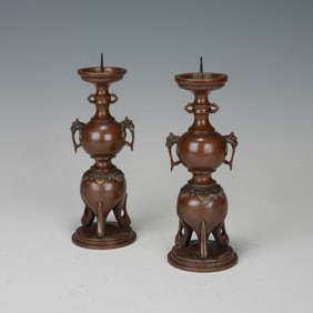 QING DYNASTY COPPER DOUBLE-HANDLED CANDLESTICK PAIR