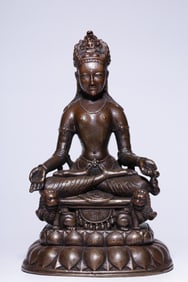 QING DYNASTY ALLOY COPPER INLAID SILVER GUANYIN SEATED STATUE