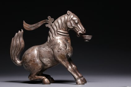 QING DYNASTY PURE SILVER DANCING HORSE HOLDING CUP ORNAMENT