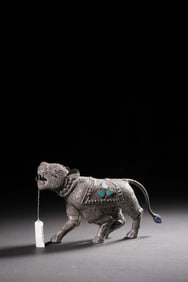 QING DYNASTY PURE SILVER FILIGREE INLAID TREASURE LEOPARD ORNAMENT