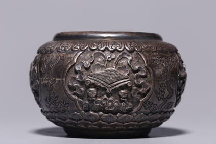 QING DYNASTY PURE SILVER PIANO, CHESS, CALLIGRAPHY AND PAINTING SMALL WASHBASIN